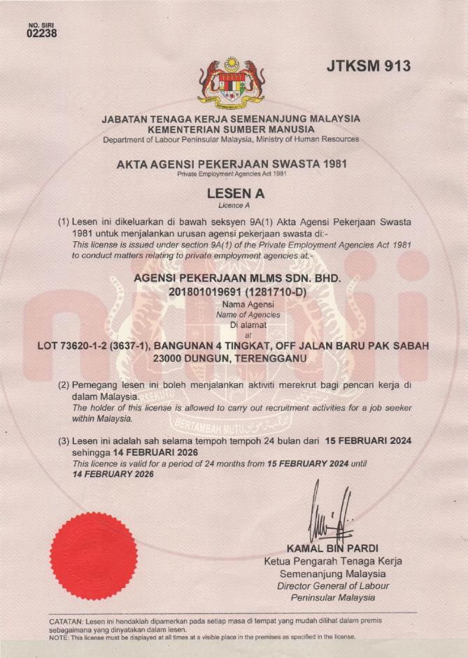 Imej Lesen A JTKSM Rasmi - Agensi Pekerjaan MLMS Sdn Bhd